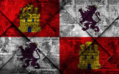 Flag of Castile and Leon, grunge art, rhombus grunge texture, Spanish autonomous community, Castile and Leon flag, Spain, Castile and Leon, Communities of Spain, creative art