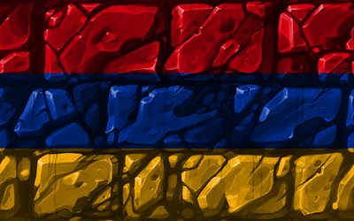 Armenian flag, brickwall, 4k, Asian countries, national symbols, Flag of Armenia, creative, Armenia, Asia, Armenia 3D flag