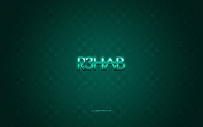 R3hab logo, verde brillante logo, R3hab metallo emblema, il DJ olandese, Fadil El Ghoul, verde fibra di carbonio trama, R3hab, marchi, arte creativa