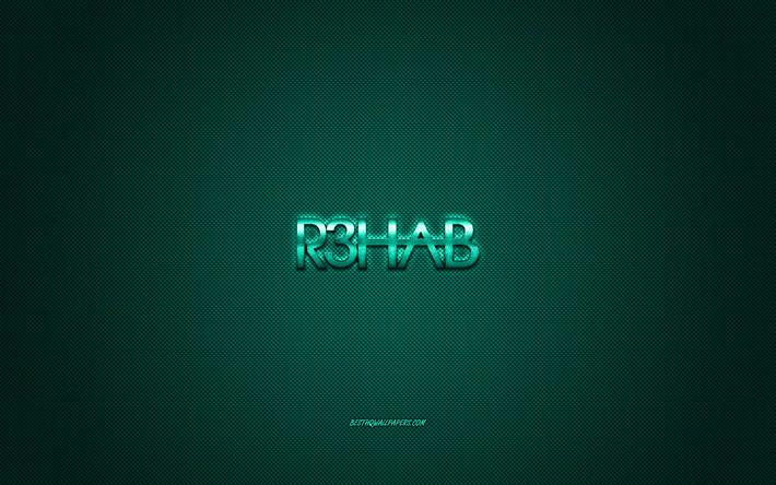 r3hab-logo, gr&#252;n-gl&#228;nzende logo, r3hab metall-emblem, niederl&#228;ndische dj, bekannt als fadil el ghoul, gr&#252;n kohlefaser-textur, r3hab, marken, kreative kunst
