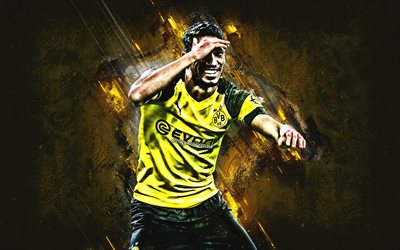 Achraf Hakimi, el Borussia de Dortmund, futbolista Marroqu&#237;, defensor, retrato, piedra amarilla de fondo, de la Bundesliga, Alemania, f&#250;tbol