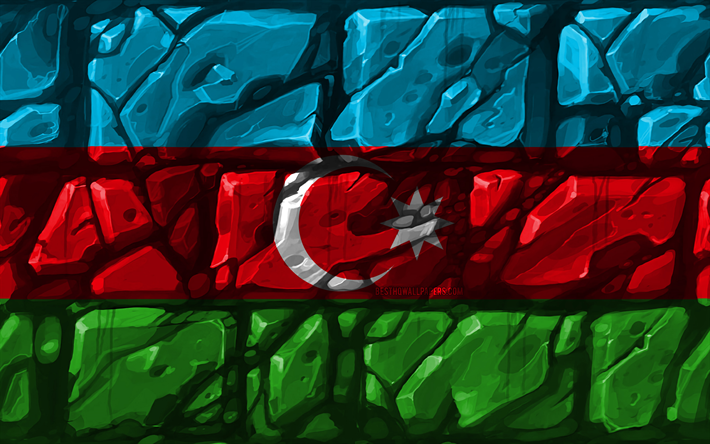 Azerbaijani bandeira, brickwall, 4k, Pa&#237;ses asi&#225;ticos, s&#237;mbolos nacionais, Bandeira do Azerbaij&#227;o, criativo, Azerbaij&#227;o, &#193;sia, Azerbaij&#227;o 3D bandeira