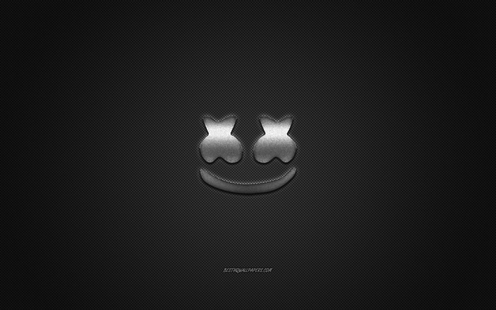 Marshmello logo, hopea kiilt&#228;v&#228; logo, Marshmello metalli-tunnus, Amerikkalainen DJ, Christopher Comstock, harmaa hiilikuitu rakenne, Marshmello, merkkej&#228;, creative art