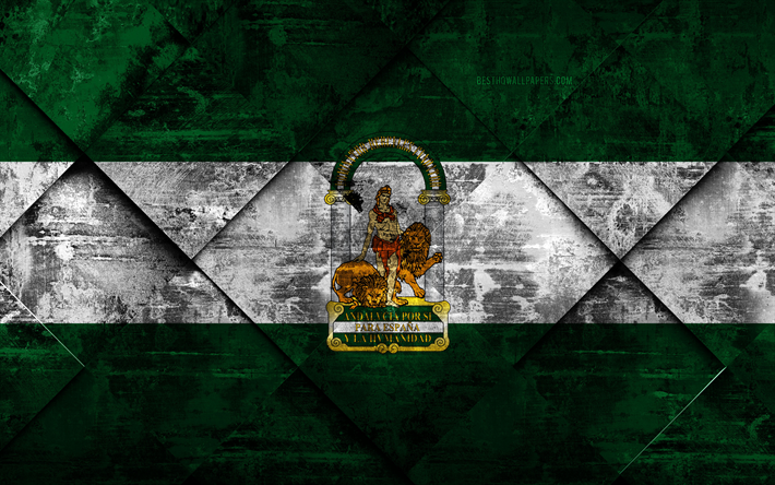 Bandiera dell&#39;Andalusia, grunge, arte, rombo grunge, texture, comunit&#224; autonoma spagnola, Andalusia, bandiera, Spagna, Comunit&#224; di Spagna, arte creativa