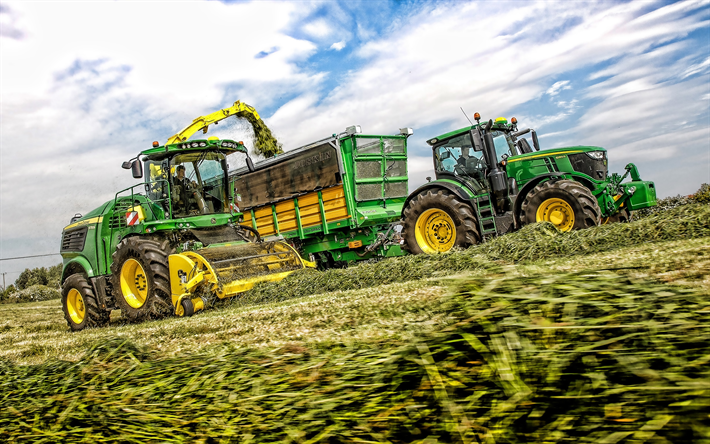 A John Deere S&#233;rie 9000, Forragem Automotrizes Harvester, A John Deere 6250R, a colheita de milho, novo trator, campo de milho, m&#225;quinas agr&#237;colas, A John Deere