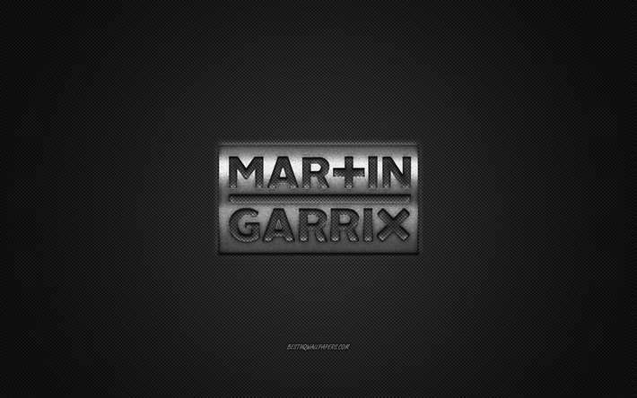 Martin Garrix logotyp, silver gl&#228;nsande logotyp, Martin Garrix metall emblem, Holl&#228;ndska DJ, Martijn Gerard Garritsen, gr&#229; carbon fiber struktur, Martin Garrix, varum&#228;rken, kreativ konst