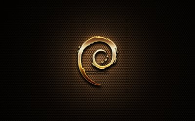 Debian brillo logotipo, creativo, rejilla de metal de fondo, logo de Debian, marcas, Debian