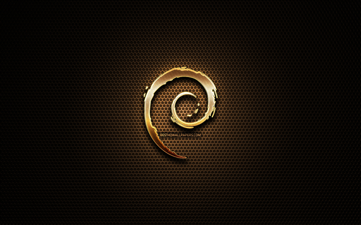 Debian glitter logo, creative, metal grid background, Debian logo, brands, Debian