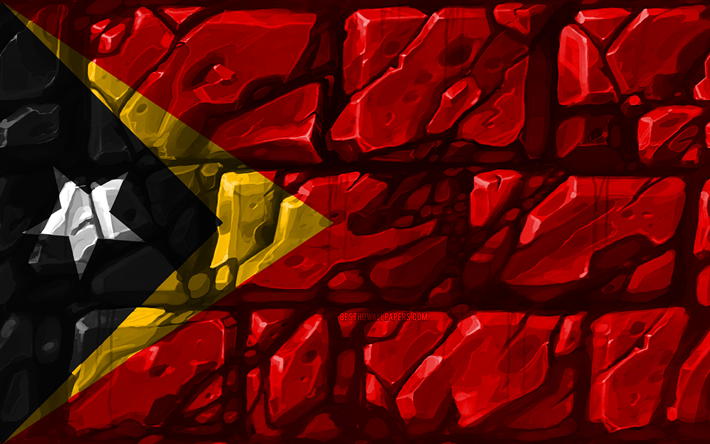 Timor-Leste, bandiera, brickwall, 4k, paesi Asiatici, simboli nazionali, Bandiera di Timor-Leste, creativo, Timor Est, Asia, Timor-Leste 3D bandiera