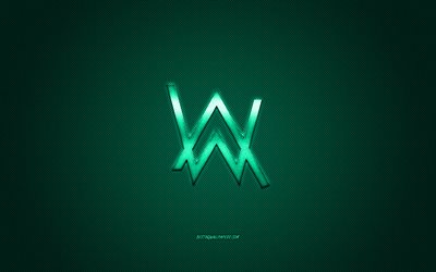 Alan Walker, logo, vert brillant logo, embl&#232;me m&#233;tallique, anglais DJ, vert en fibre de carbone texture, marques, art cr&#233;atif
