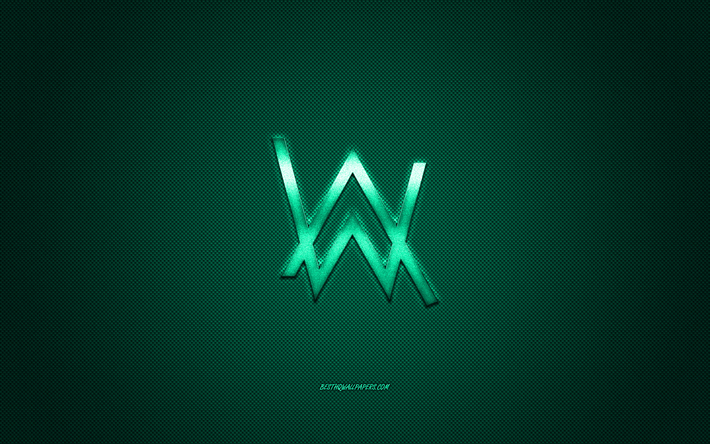 Alan Walker logotipo, verde brilhante logotipo, Alan Walker emblema de metal, DJ ingl&#234;s, verde textura de fibra de carbono, Alan Walker, marcas, arte criativa