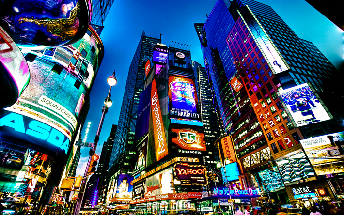 4k, Times Square, NYC, night streets, skyscrapers, american cities, New York, America, USA, City of New York City, HDR