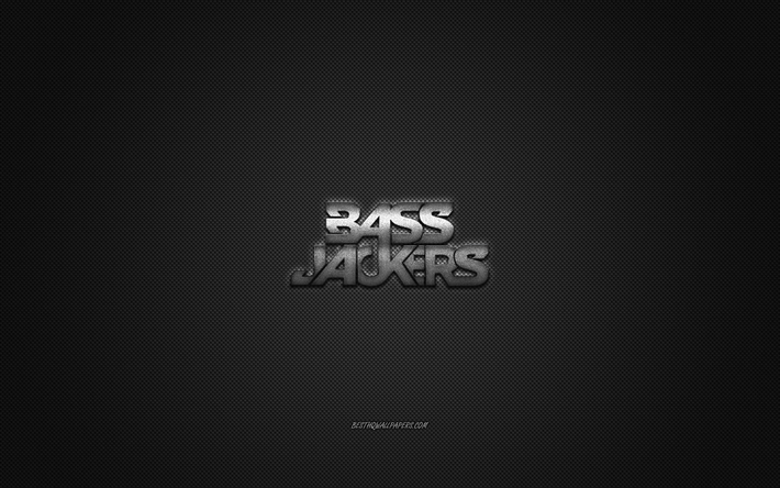 Bassjackers logo, silver shiny logo, Bassjackers metal emblem, Dutch DJ, Marlon Flohr, Ralph van Hilst, gray carbon fiber texture, Bassjackers, brands, creative art