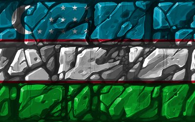 Uzbekiska flagga, brickwall, 4k, Asiatiska l&#228;nder, nationella symboler, Flaggan i Uzbekistan, kreativa, Uzbekistan, Asien, Uzbekistan 3D-flagga
