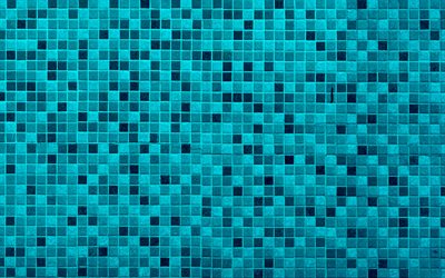 mavi mozaik doku, geometrik doku, mavi mozaik arka plan, yaratıcı, mavi arka planlar, kareler doku