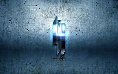 Skrillex metalli-logo, sininen metalli tausta, kuvitus, Skrillex, musiikin t&#228;hdet, Skrillex 3D logo, luova, Skrillex-logo