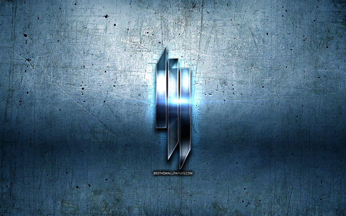 skrillex metall-logo, blau metall-hintergrund, die grafik, skrillex, musik-stars, skrillex 3d-logo, kreativ, skrillex logo