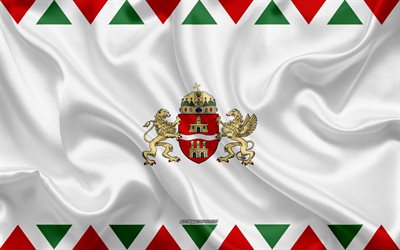 العلم من بودابست, 4k, الحرير العلم, العاصمة المجرية, نسيج الحرير, بودابست العلم, المجر, الجرونج الفن, بودابست