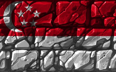 Singaporen lippu, brickwall, 4k, Aasian maissa, kansalliset symbolit, Lipun Singapore, luova, Singapore, Aasiassa, Singapore 3D flag