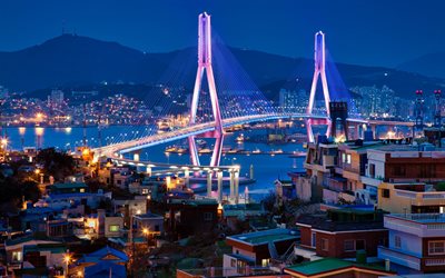 Busan, Corea del Sur, Busan el Puente del Puerto de Busan Bay, Yeongdo Distrito, Distrito de Nam, tarde, puesta de sol, puente de la carretera, paisaje de la ciudad de Busan