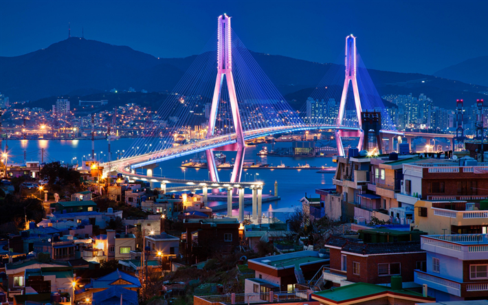 Busan, Etel&#228;-Korea, Busan Harbor Bridge, Busan Bay, Yeongdo District, Nam District, illalla, sunset, tien silta, Busan kaupunkikuvaan