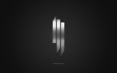 Skrillex-logo, hopea kiilt&#228;v&#228; logo, Skrillex metalli-tunnus, Amerikkalainen DJ, Sonny John Moore, harmaa hiilikuitu rakenne, Skrillex, merkkej&#228;, creative art