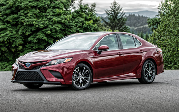 Toyota Camry SE Hybrid, 2019, US version, front view, red sedan, new red Camry, japanese cars, Toyota