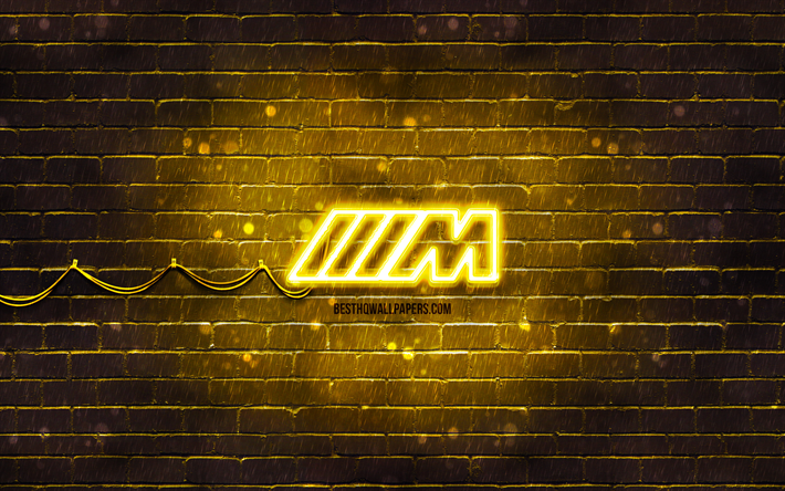 gelbes m-sport-logo, 4k, gelbe ziegelwand, m-sport-logo, automarken, m-sport-team, m-sport-neon-logo, m-sport, bmw m-sport