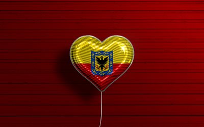 i love bogota, 4k, realistiset ilmapallot, punainen puinen tausta, bogotan päivä, kolumbian kaupungit, bogotan lippu, kolumbia, ilmapallo lipulla, bogota