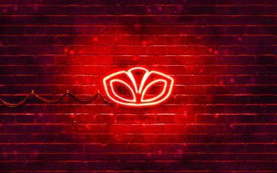 rotes daewoo-logo, 4k, rote ziegelwand, daewoo-logo, automarken, daewoo-neon-logo, daewoo