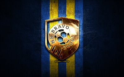 bravo fc, logo dorato, prva liga, sfondo blu in metallo, calcio, squadra di calcio slovena, logo nk bravo, slovenia, nk bravo