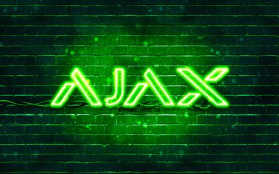 logo verde ajax systems, 4k, muro di mattoni verde, logo ajax systems, marchi, sfondi astratti viola, logo neon ajax systems, ajax systems