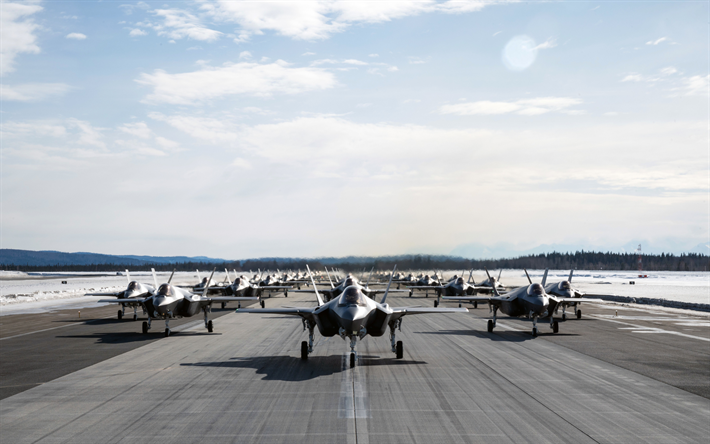 4k, Lockheed Martin F-35 Lightning II, American fighter-bombers, F-35, fighters on runway, USAF, Lockheed Martin
