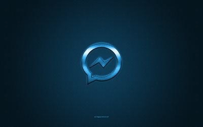 logo di facebook messenger, logo blu lucido, emblema in metallo di facebook messenger, struttura in fibra di carbonio blu, facebook messenger, marchi, arte creativa, emblema di facebook messenger