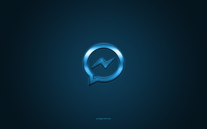 logo di facebook messenger, logo blu lucido, emblema in metallo di facebook messenger, struttura in fibra di carbonio blu, facebook messenger, marchi, arte creativa, emblema di facebook messenger