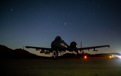 fairchild republic a-10 thunderbolt ii, american aviões de ataque, a-10, força aérea dos eua, americanos aviões militares, noite, pôr do sol