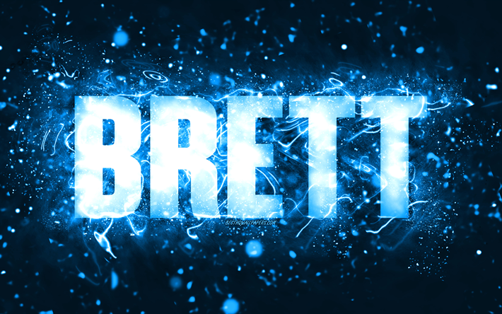 Happy Birthday Brett, 4k, blue neon lights, Brett name, creative, Brett Happy Birthday, Brett Birthday, popular american male names, picture with Brett name, Brett
