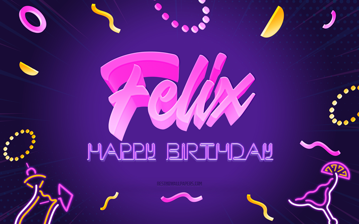 Happy Birthday Felix, 4k, Purple Party Background, Felix, creative art, Happy Felix birthday, Felix name, Felix Birthday, Birthday Party Background