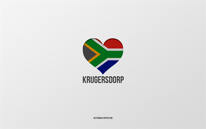 j aime krugersdorp, villes sud-africaines, jour de krugersdorp, fond gris, krugersdorp, afrique du sud, coeur de drapeau sud-africain, villes pr&#233;f&#233;r&#233;es, love krugersdorp