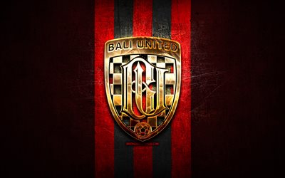 bali united fc, logo dorato, indonesia liga 1, sfondo di metallo rosso, calcio, squadra di calcio indonesiana, logo bali united, bali united