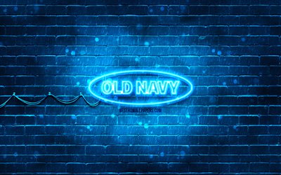 logo old navy blu, 4k, muro di mattoni blu, logo old navy, marchi, logo al neon old navy, old navy