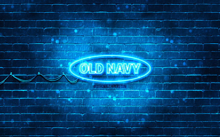 Old Navy blue logo, 4k, blue brickwall, Old Navy logo, brands, Old Navy neon logo, Old Navy