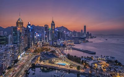 hong kong, 4k, tramonto, paesaggi urbani, città cinesi, cina, asia, edifici moderni