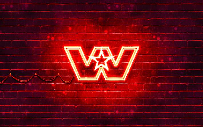 logo western star rosso, 4k, muro di mattoni rosso, logo western star, marchi, logo al neon western star, western star
