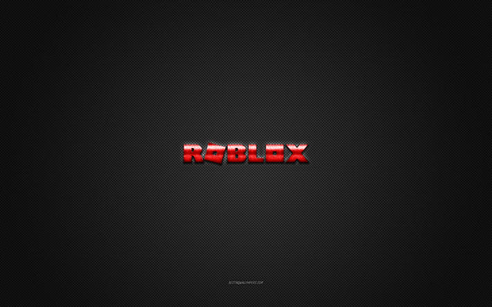 roblox-logo, punainen kiilt&#228;v&#228; logo, m-metallitunnus, harmaa hiilikuiturakenne, roblox, tuotemerkit, luova taide, roblox-tunnus