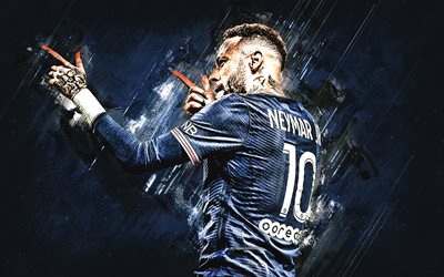 Neymar, PSG, Brazilian football player, Paris Saint-Germain Neymar portrait, France, blue grunge background, football
