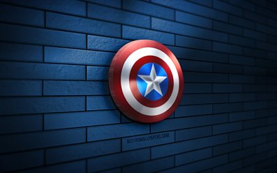 logo 3d di capitan america, 4k, muro di mattoni blu, creativo, supereroi, logo di capitan america, arte 3d, capitan america