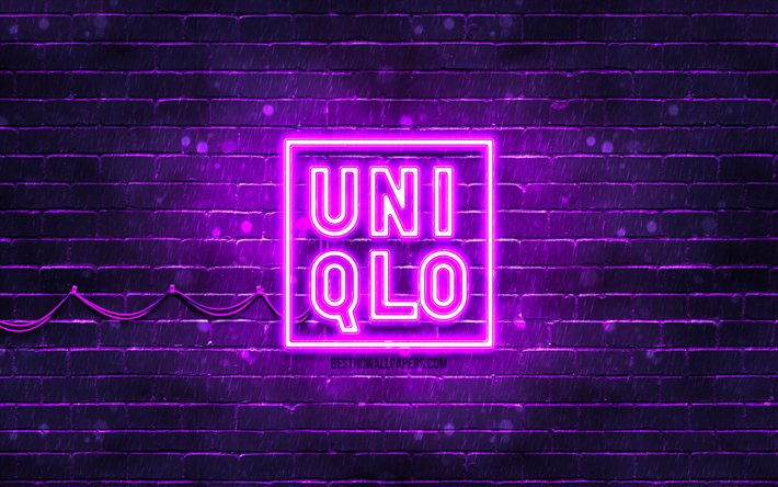 violettes uniqlo-logo, 4k, violette ziegelwand, uniqlo-logo, marken, uniqlo-neon-logo, uniqlo