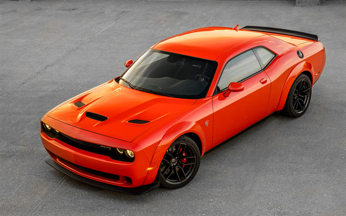 Dodge Challenger SRT Hellcat, 2018 carros, supercarros, laranja Challenger, Rodeio