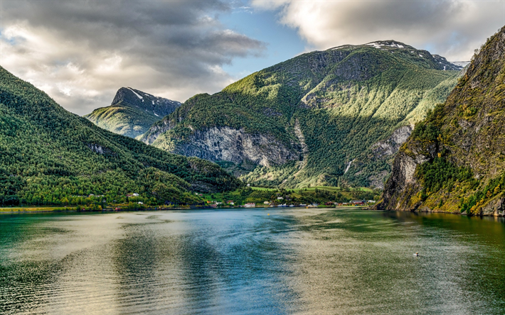 Aurland, フィヨルド, 山々, 岩, ノルウェー, 山の風景